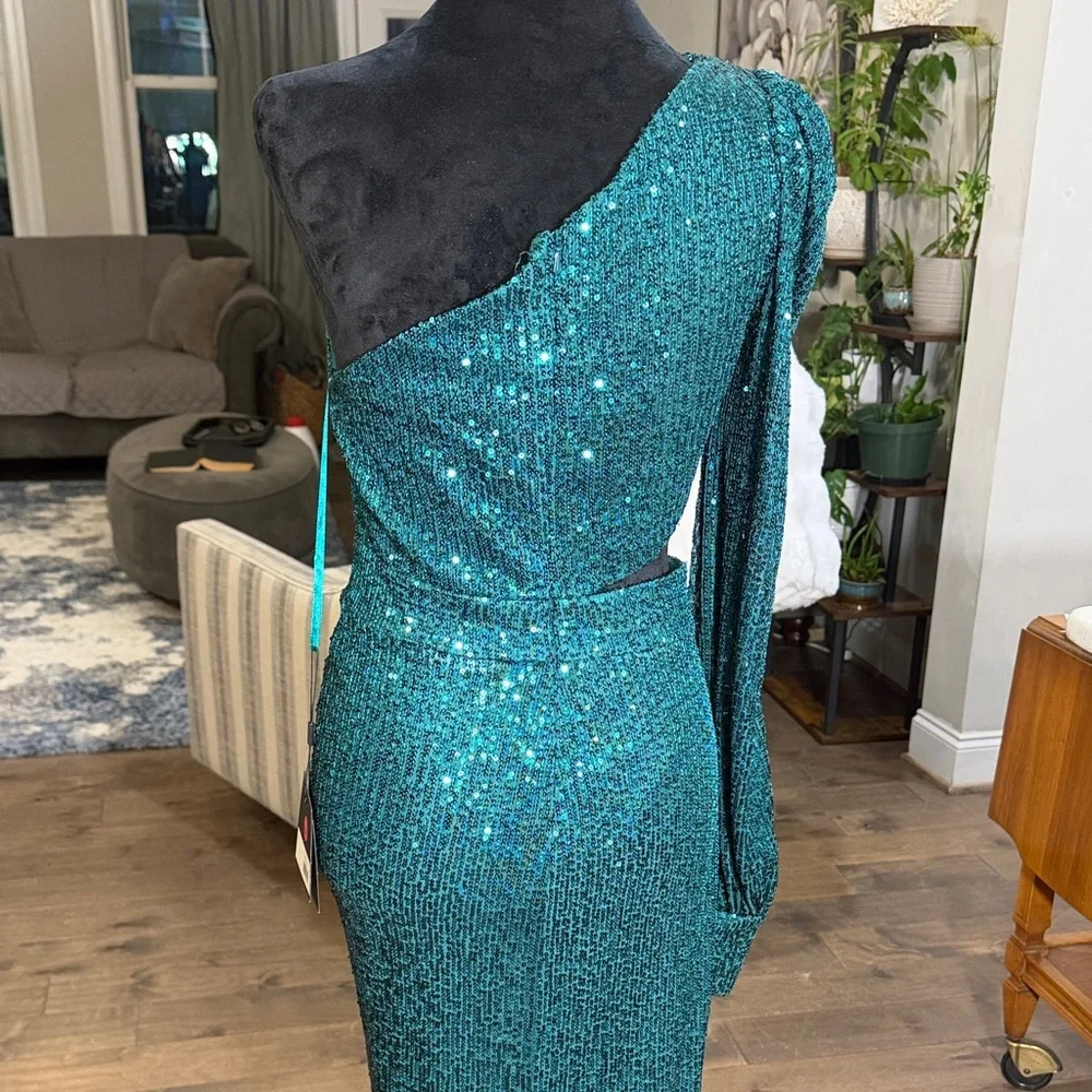 Mac Duggal Teal Sequin One-Shoulder Dress - Picture 7 of 9
